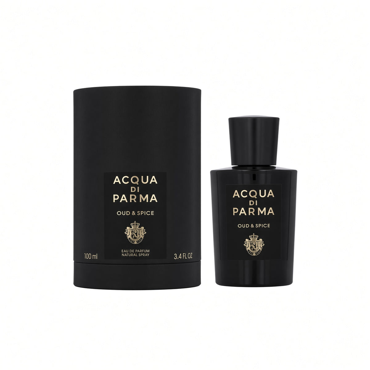 Acqua di Parma Oud & Spice eau de parfum shown with a black cylindrical box and a matching black bottle, both featuring gold lettering and a crest logo, on a plain white background.