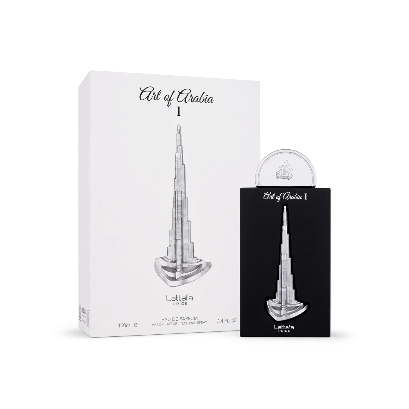 Art of Arabia 1 Laalafa Eau de Parfum shown with its white outer box and a black inner card package holding the perfume bottle, on a clean white background.