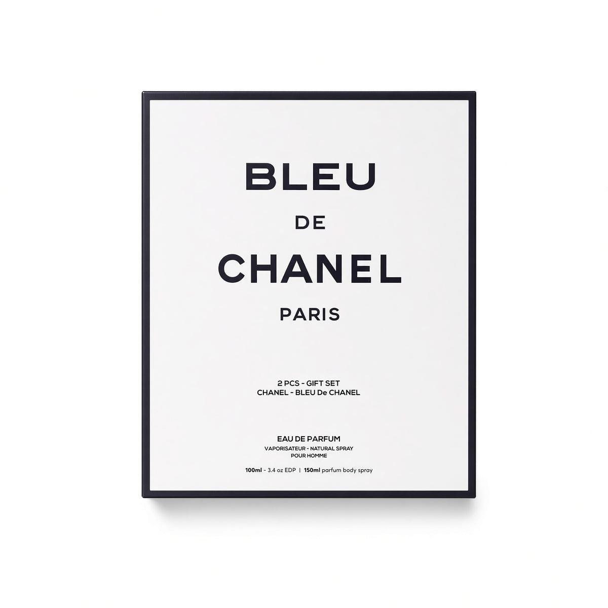 A framed minimalist poster featuring the text 'BLEU DE CHANEL PARIS' in black on a white background, with smaller text below indicating a 2-piece gift set and 150ml eau de parfum. The poster is presented in a thin black frame against a clean white background.