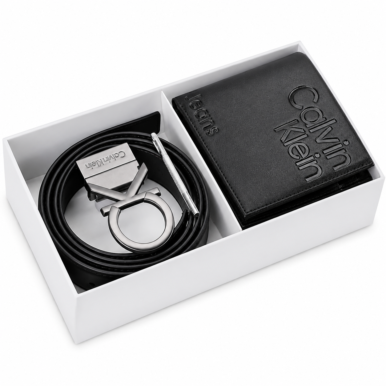 Calvin Klein Men’s Black Leather Wallet & Belt Gift Set – CK Buckle