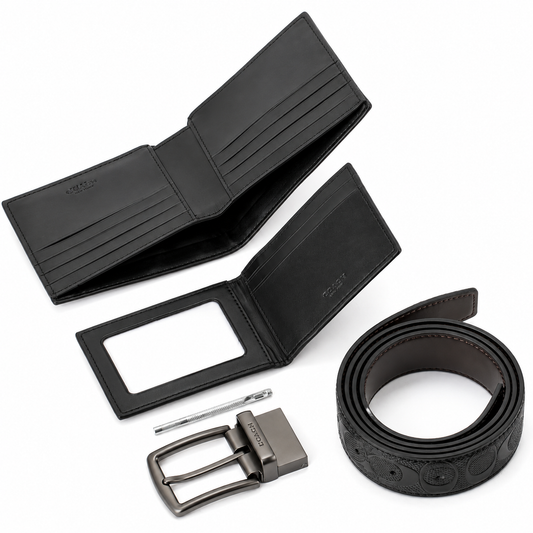 Coach Men’s Genuine Leather Wallet, Card Holder & Belt Gift Set – Black