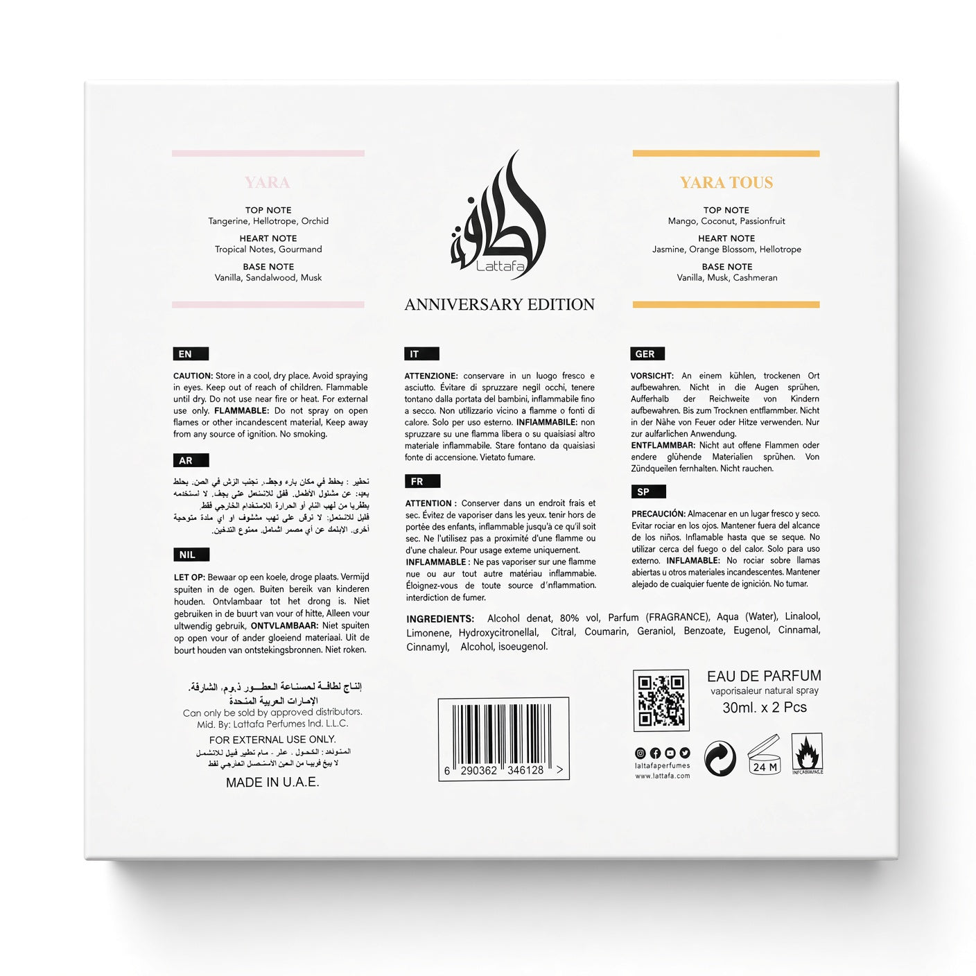 The back of a 30ml x 10ml perfume bottle packaging, featuring the Varaus 'Anniversary Edition' fragrance details in English and French, complete with a barcode, QR code, and product ingredients.