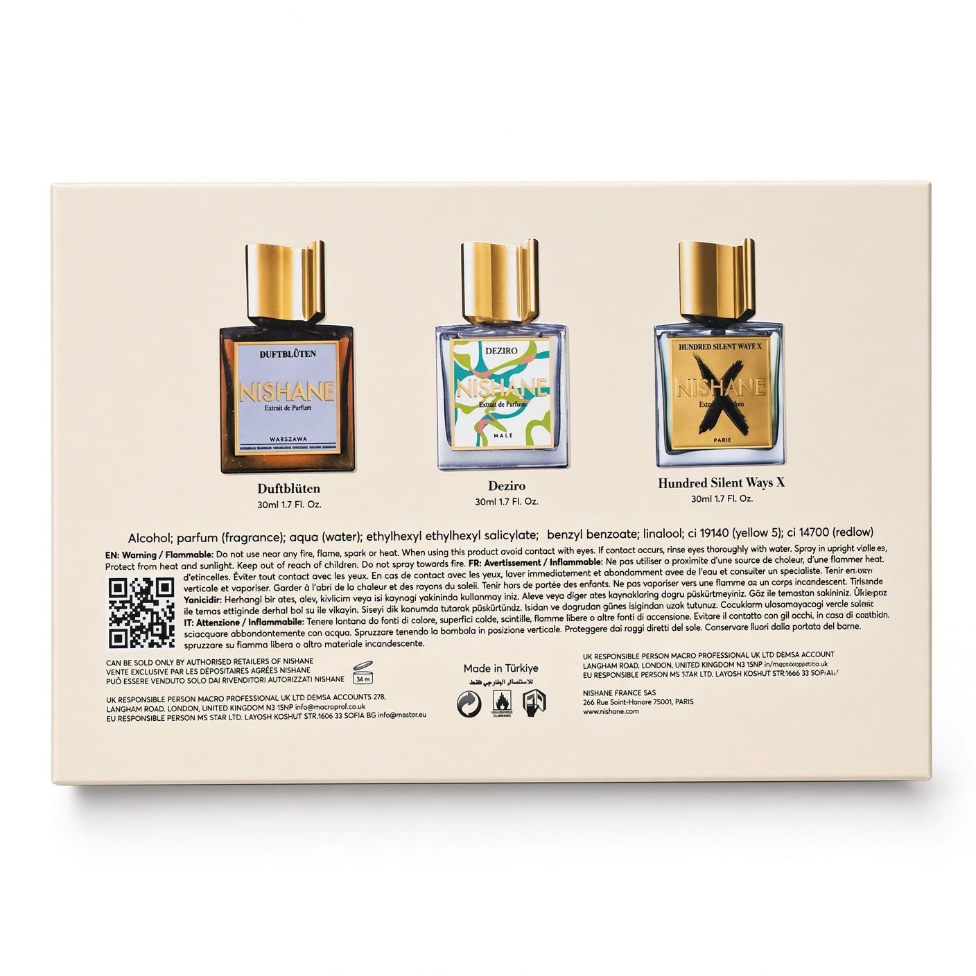 The back of a Dr. Nermana fragrance gift set box, featuring three 10ml perfume bottles (Dhollaboo, Desir, and Hundred Silent Ways X) with gold caps, along with product descriptions and a QR code on a beige background.