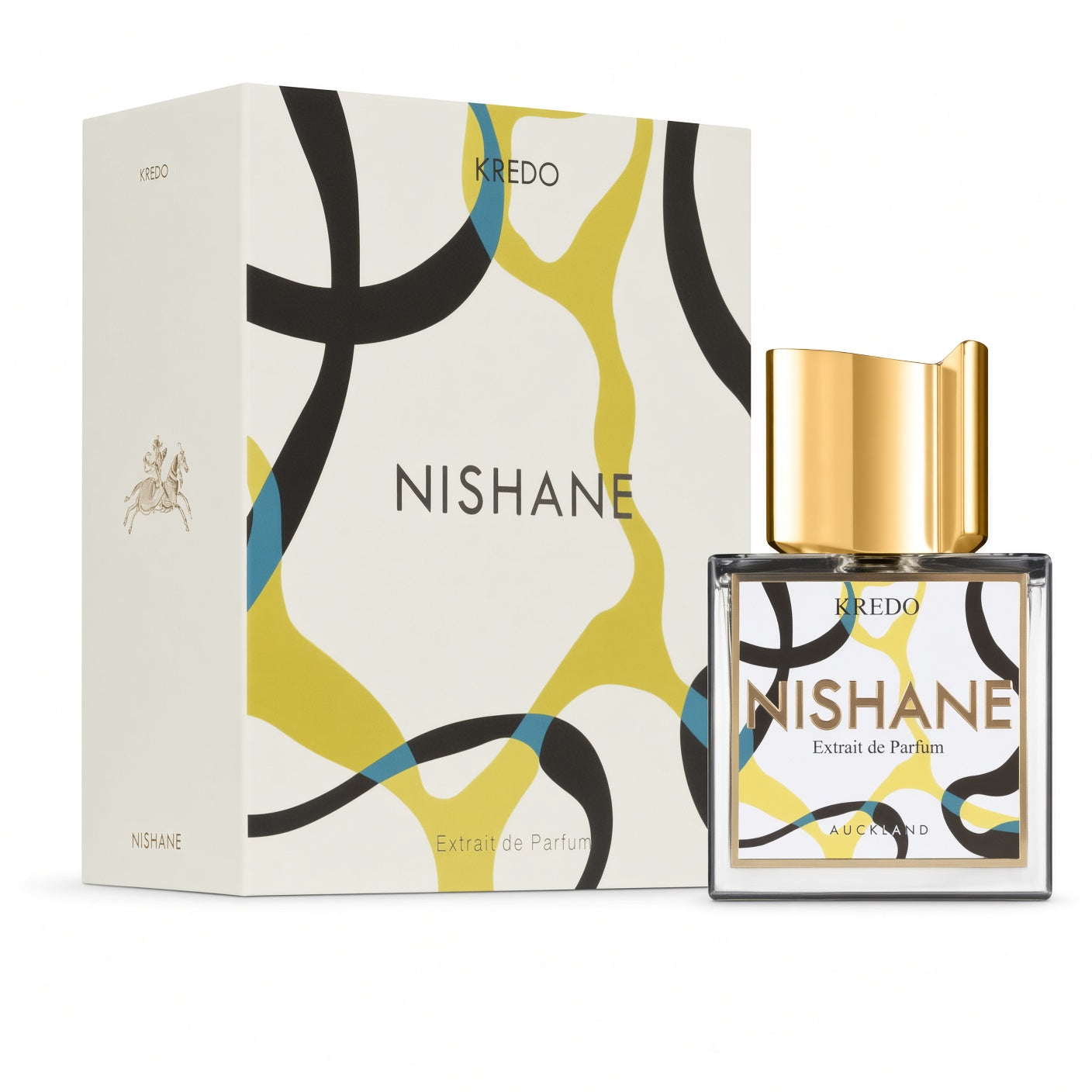 Kredo Nishane Extrait de Parfum bottle with a gold cap next to its matching patterned box, on a clean white background.