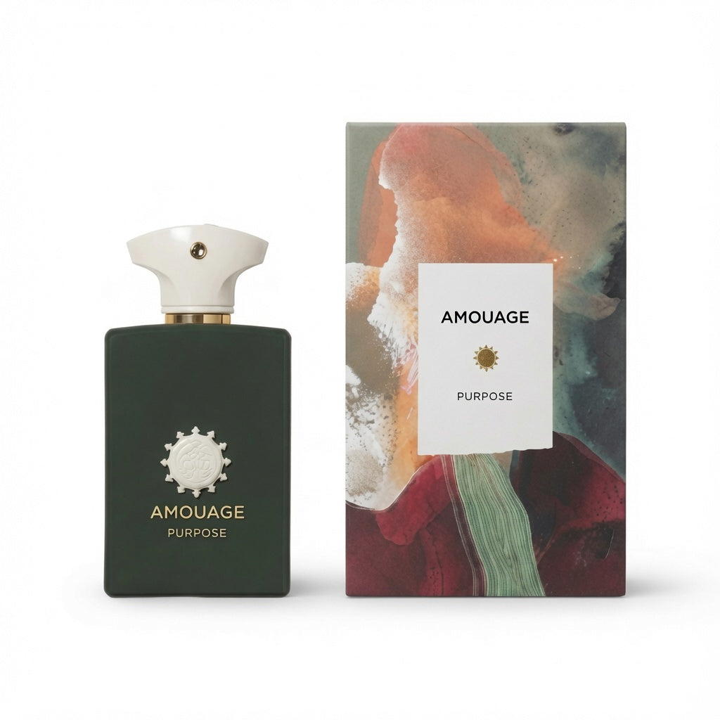 Amouage Purpose perfume bottle in dark green with a white cap, shown next to its abstract art box featuring orange, red, and green tones.