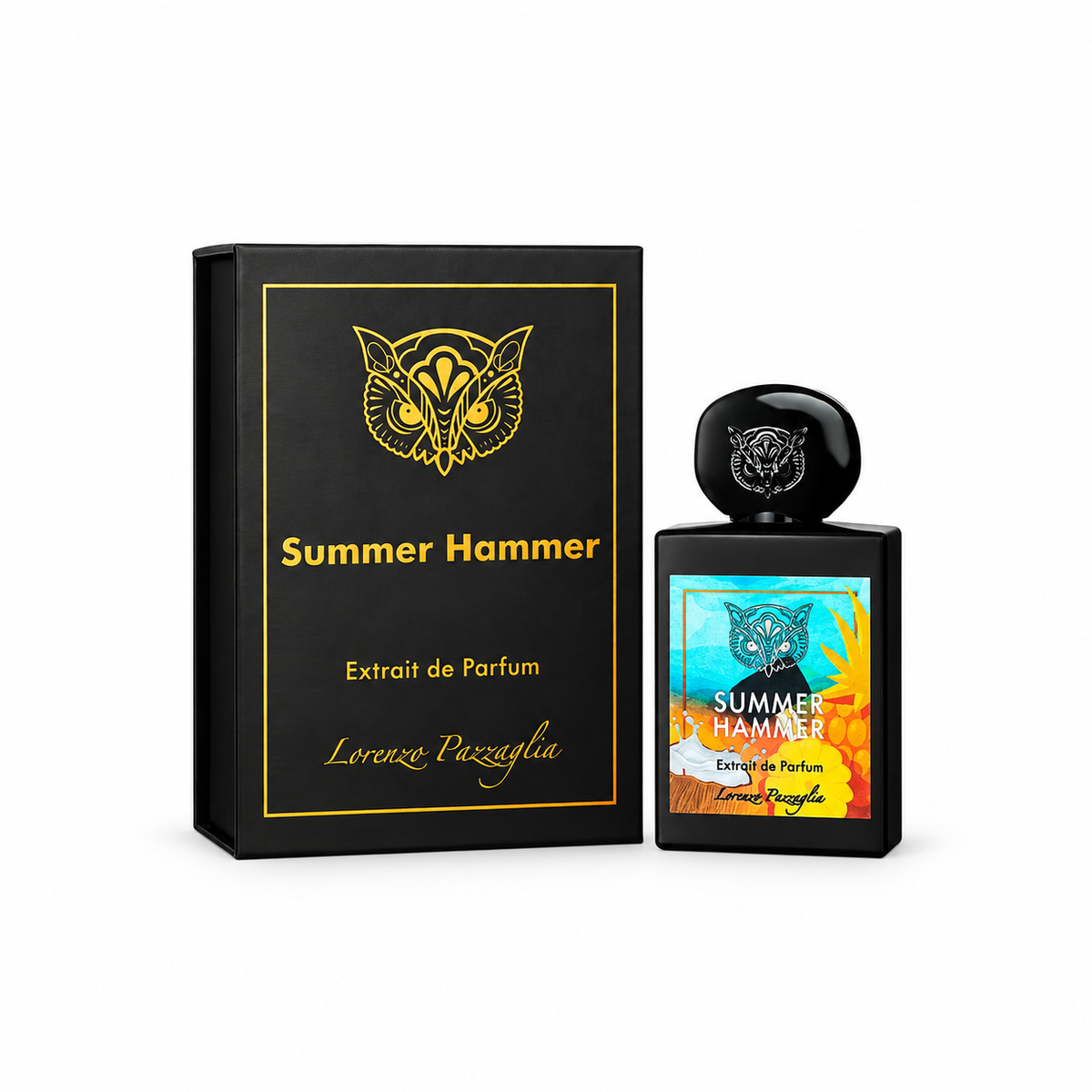 Summer Hammer Extrait de Parfum by Lorenzo Pizzaglin, shown with its black packaging box and a black rectangular perfume bottle featuring a colorful tiger graphic label.