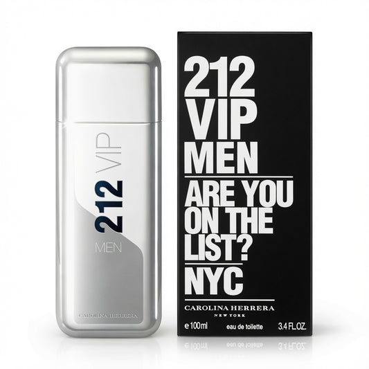 Carolina Herrera 212 VIP Men's perfume bottle and packaging on a white background