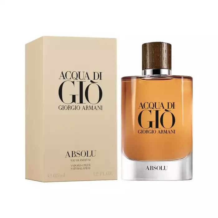 Giorgio Armani Acqua di Gio Absolu Eau de Parfum shown with its beige packaging box and the amber glass bottle with a dark wood cap on a white background.