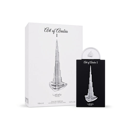 Art of Arabia 1 Laalafa Eau de Parfum shown with its white outer box and a black inner card package holding the perfume bottle, on a clean white background.
