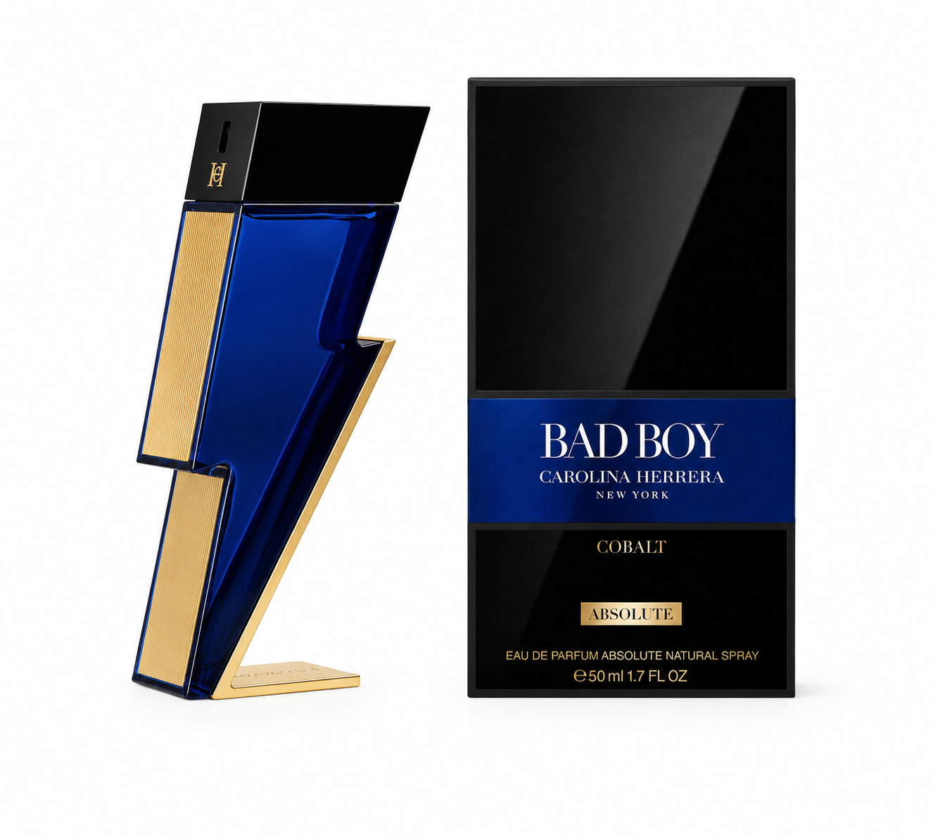 Bad Boy Carolina Herrera New York Coralt Absolute Eau de Parfum, 50ml bottle and packaging box on a white background.