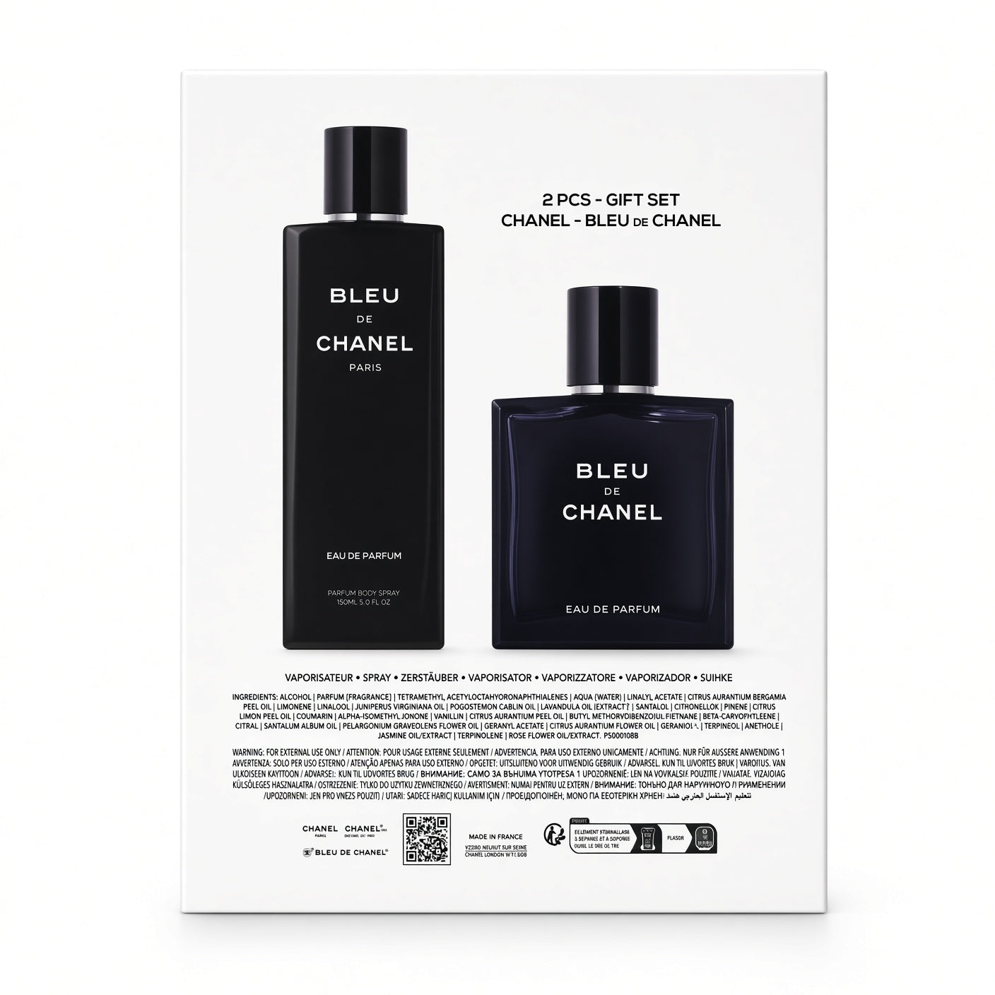 Chanel Bleu de Chanel gift set containing a 100ml spray bottle and a 100ml perfume bottle, both in black packaging with white lettering, presented on a white background with product details and a QR code printed below.