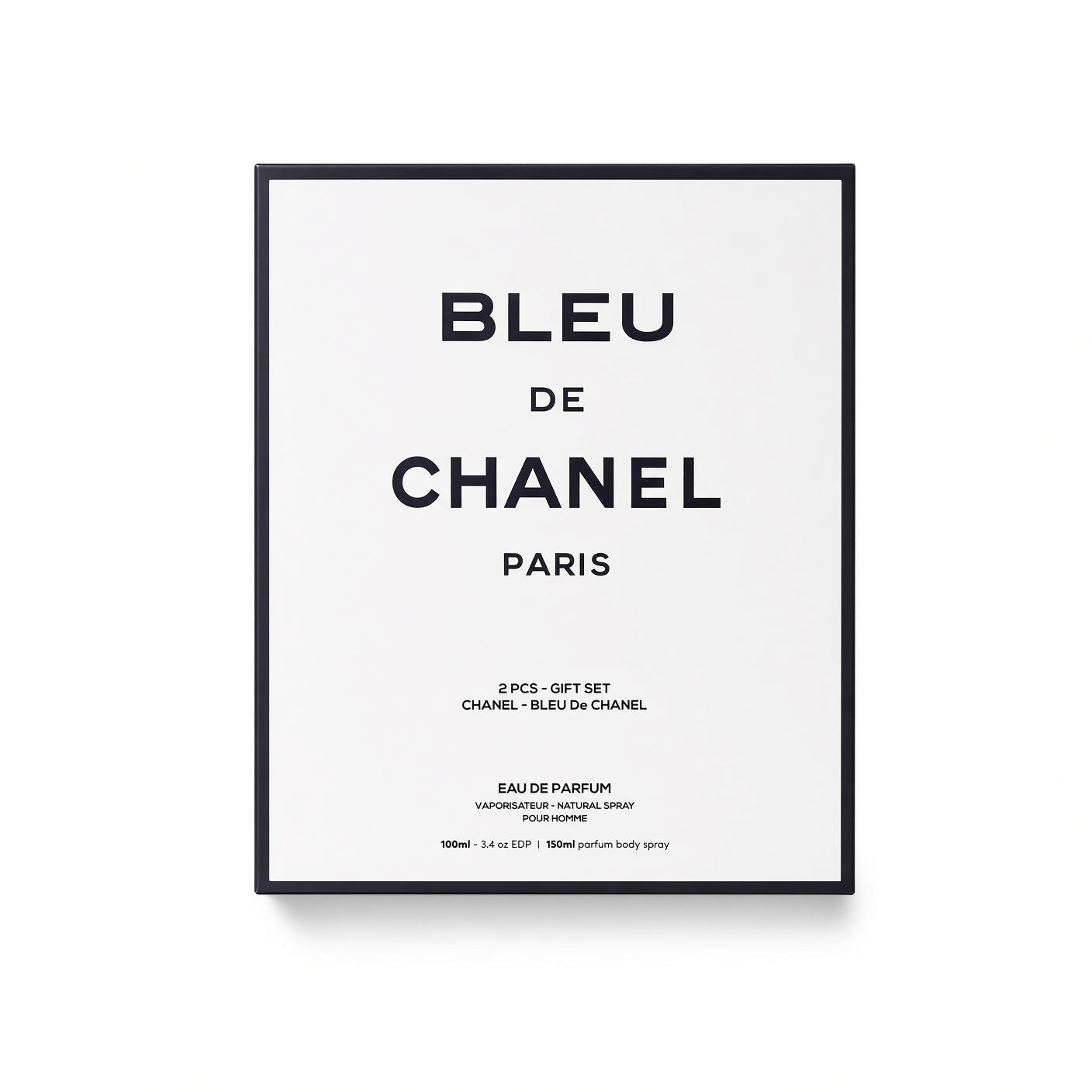 A framed minimalist poster featuring the text 'BLEU DE CHANEL PARIS' in black on a white background, with smaller text below indicating a 2-piece gift set and 150ml eau de parfum. The poster is presented in a thin black frame against a clean white background.