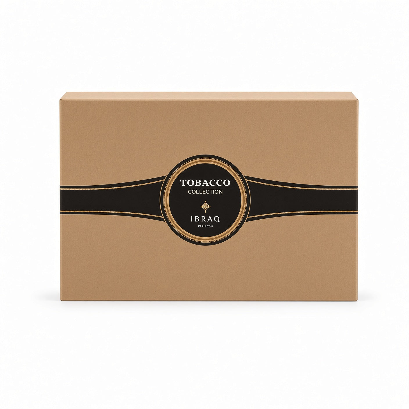 A rectangular brown cardboard box with a black horizontal band and a central circular label reading 'TOBACCO COLLECTION' and 'IBRAHIM'.