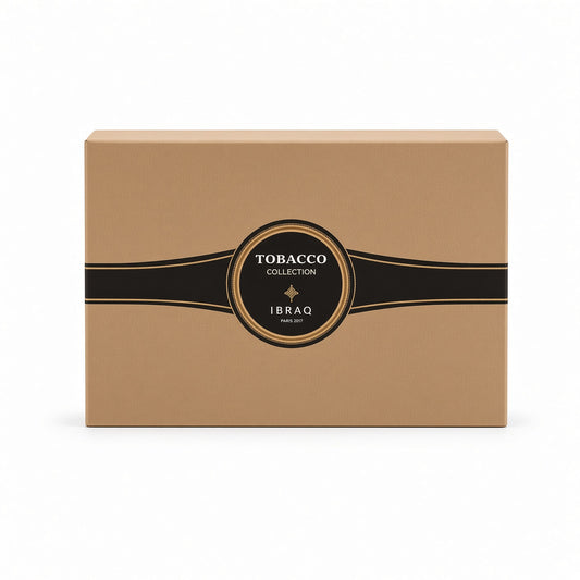 A rectangular brown cardboard box with a black horizontal band and a central circular label reading 'TOBACCO COLLECTION' and 'IBRAHIM'.