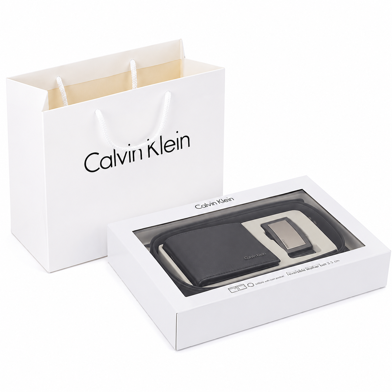 Calvin Klein Men’s Genuine Leather Wallet & Belt Gift Set – Black, CK Buckle