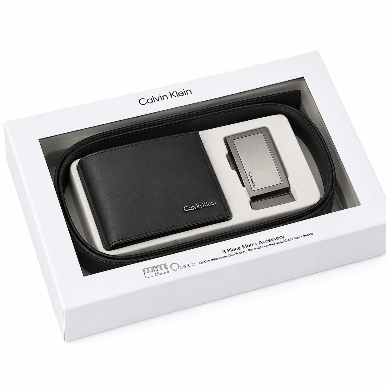 Calvin Klein Men’s Genuine Leather Wallet & Belt Gift Set – Black, CK Buckle