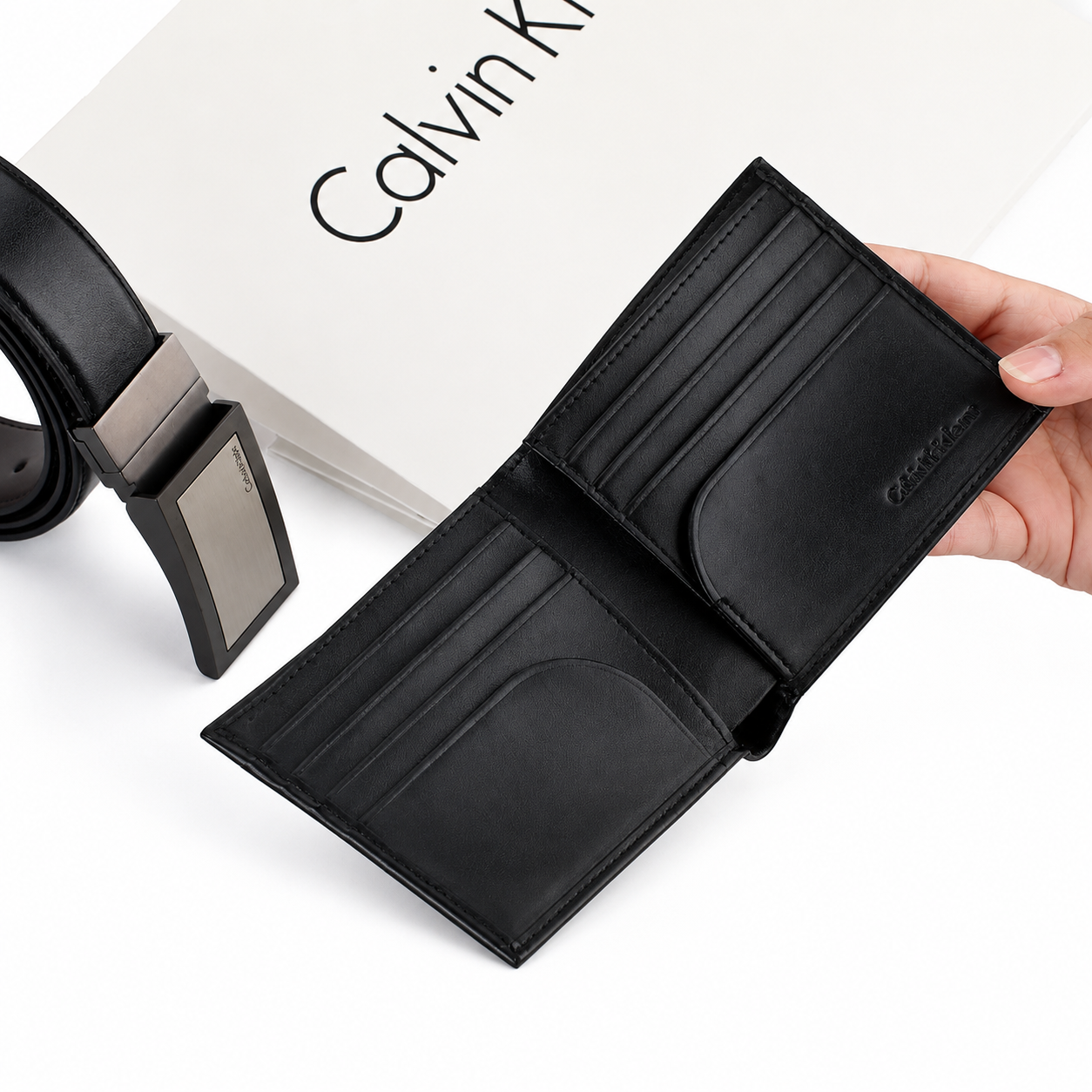 Calvin Klein Men’s Genuine Leather Wallet & Belt Gift Set – Black, CK Buckle