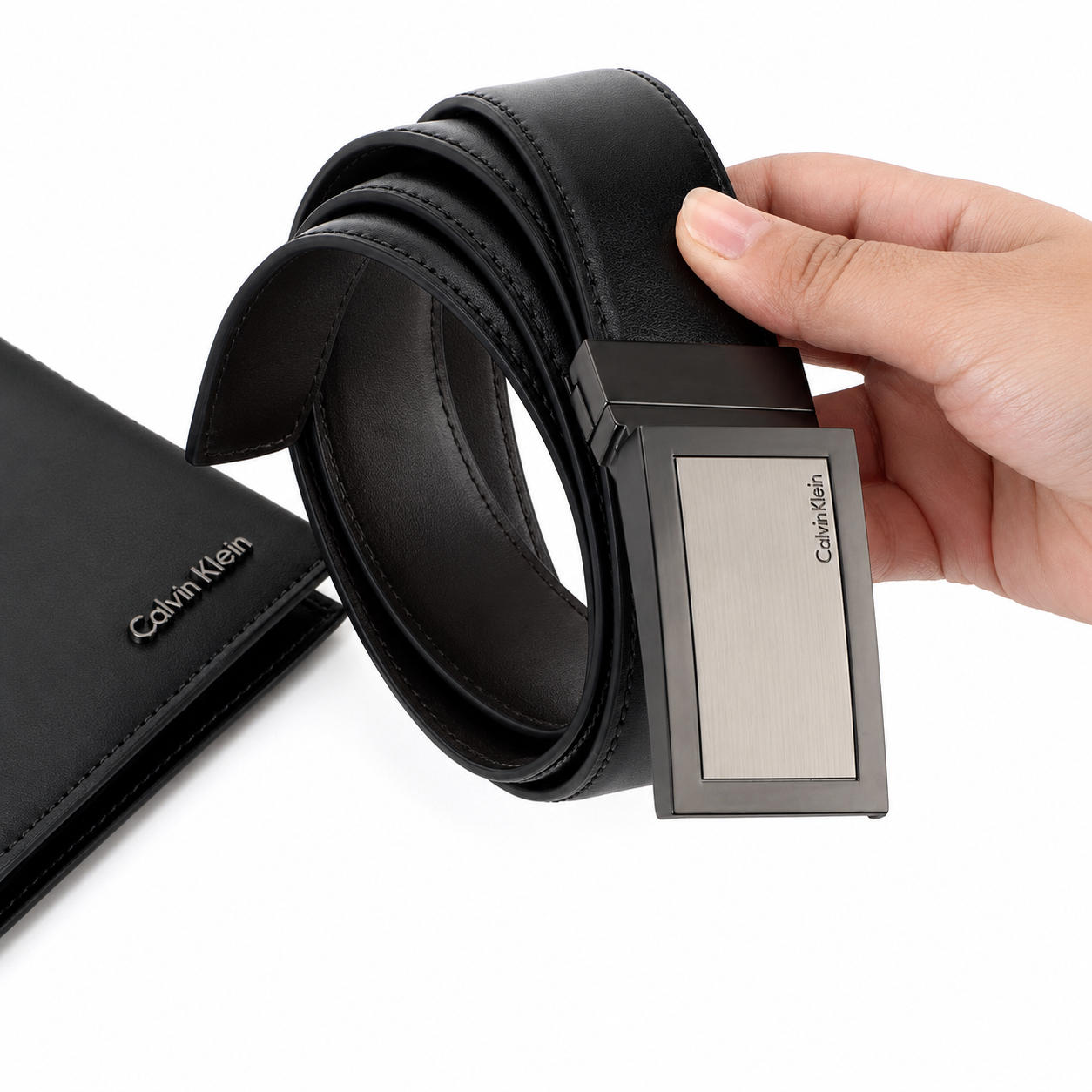 Calvin Klein Men’s Genuine Leather Wallet & Belt Gift Set – Black, CK Buckle