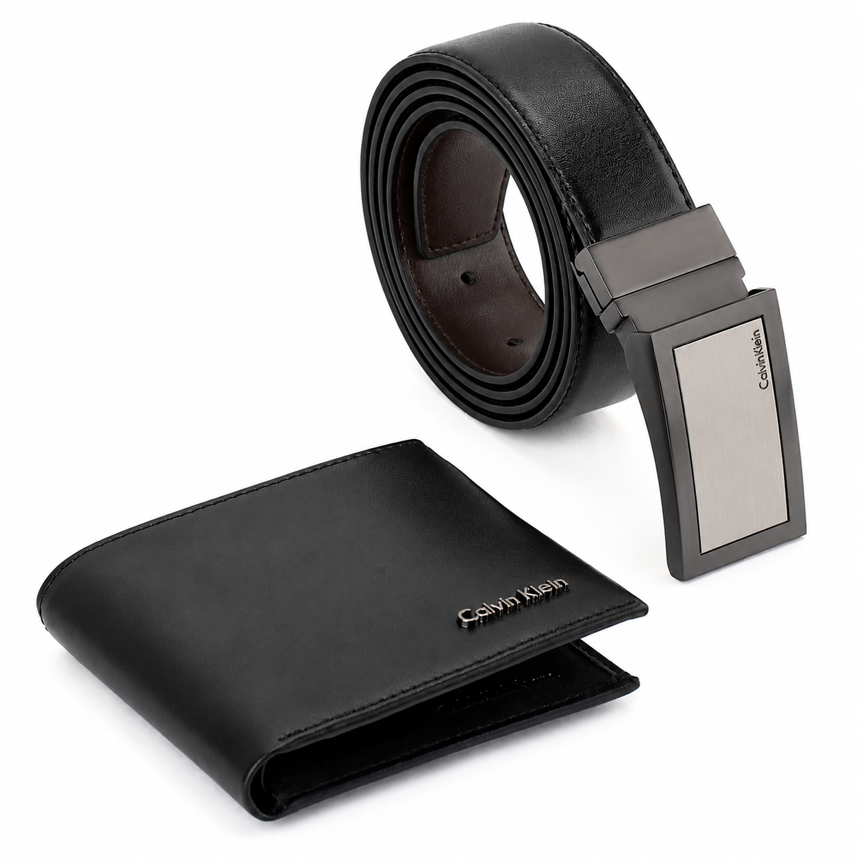 Calvin Klein Men’s Genuine Leather Wallet & Belt Gift Set – Black, CK Buckle