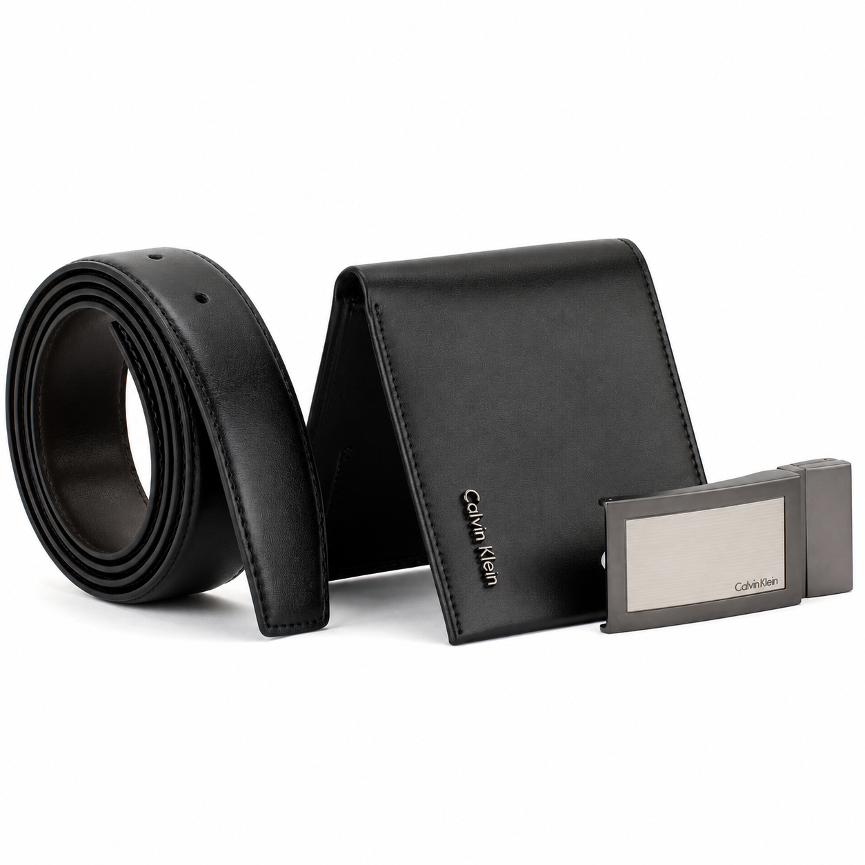 Calvin Klein Men’s Genuine Leather Wallet & Belt Gift Set – Black, CK Buckle