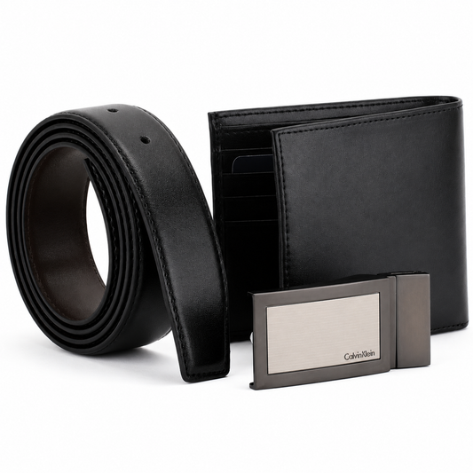 Calvin Klein Men’s Genuine Leather Wallet & Belt Gift Set – Black, CK Buckle
