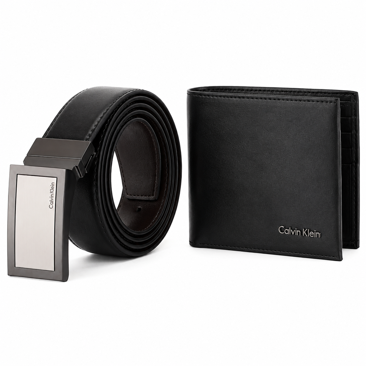 Calvin Klein Men’s Genuine Leather Wallet & Belt Gift Set – Black, CK Buckle