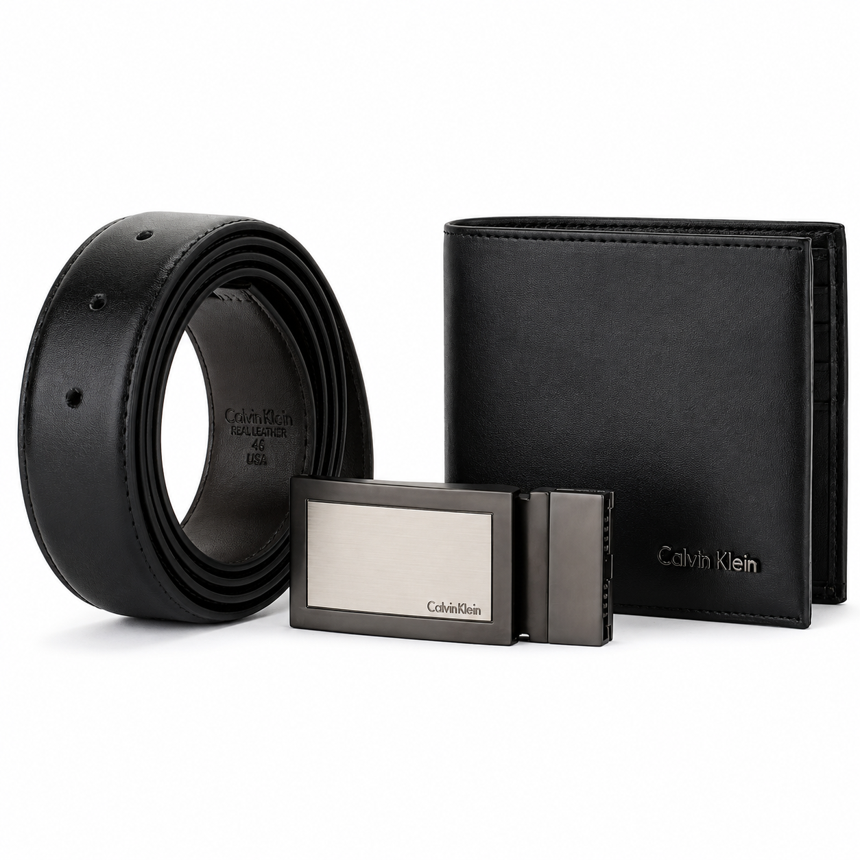 Calvin Klein Men’s Genuine Leather Wallet & Belt Gift Set – Black, CK Buckle