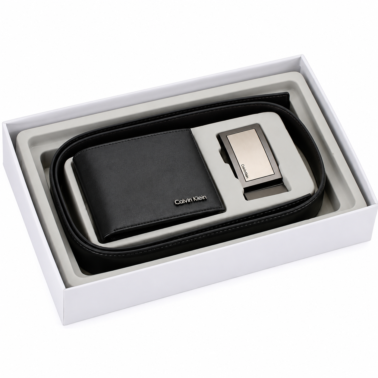 Calvin Klein Men’s Genuine Leather Wallet & Belt Gift Set – Black, CK Buckle