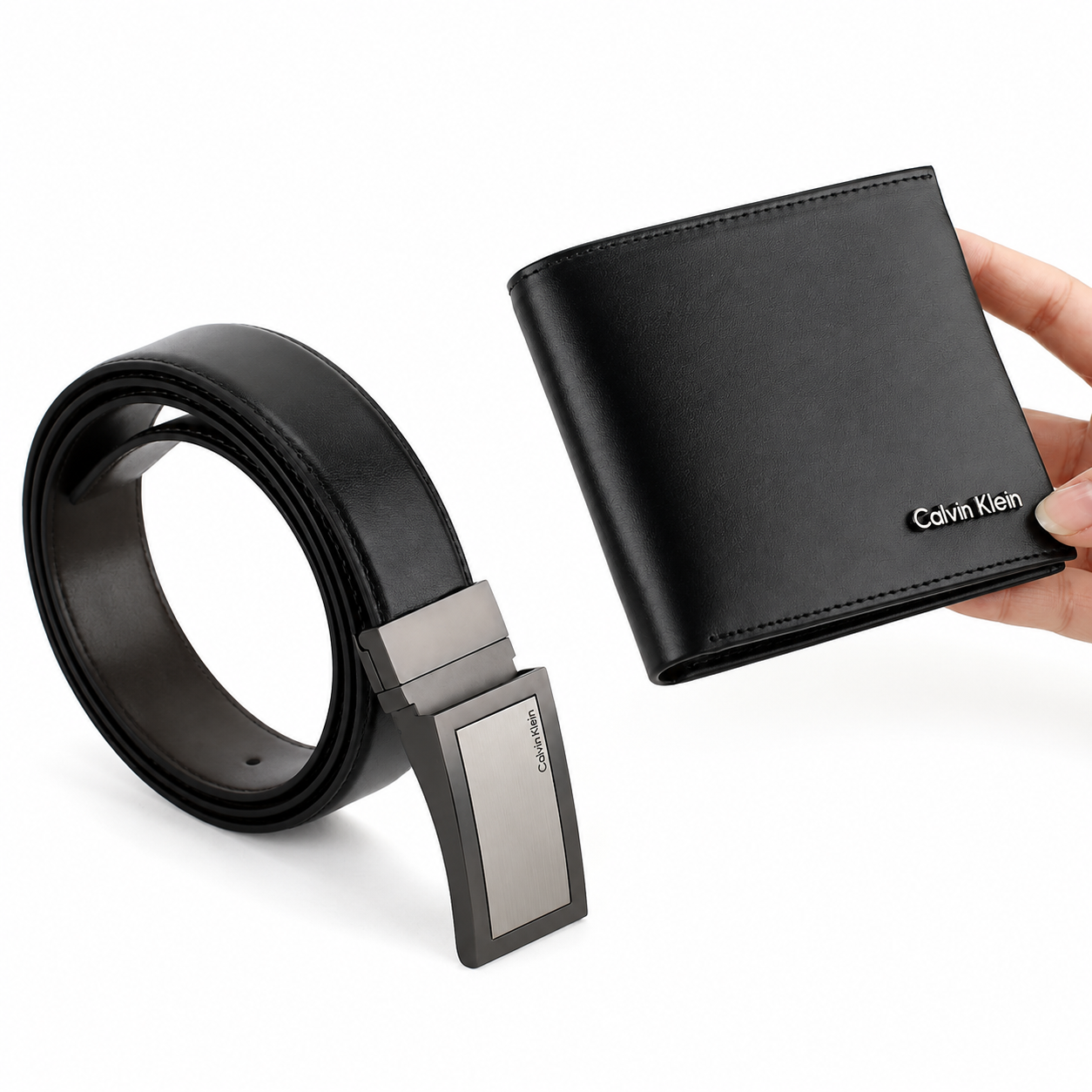 Calvin Klein Men’s Genuine Leather Wallet & Belt Gift Set – Black, CK Buckle