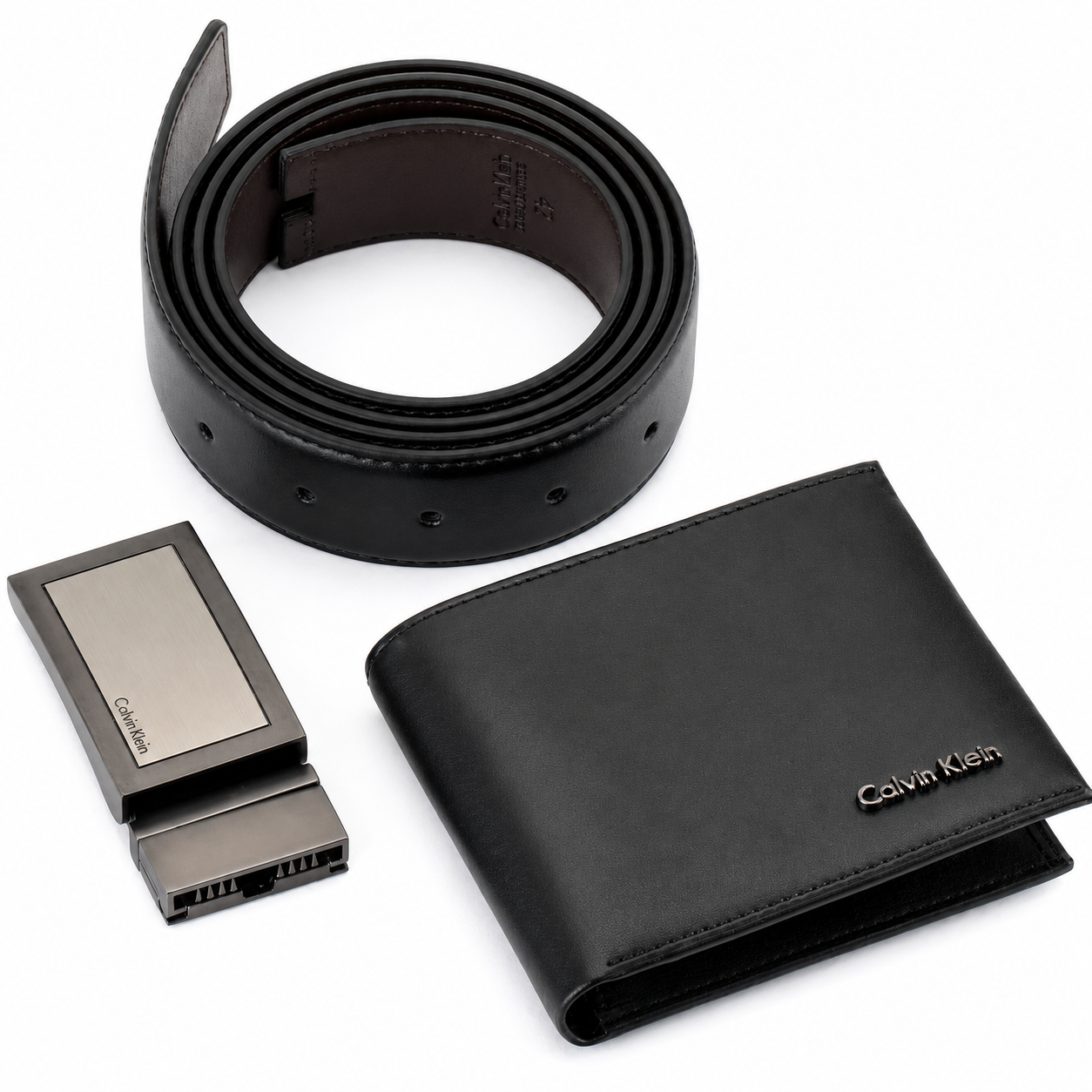 Calvin Klein Men’s Genuine Leather Wallet & Belt Gift Set – Black, CK Buckle