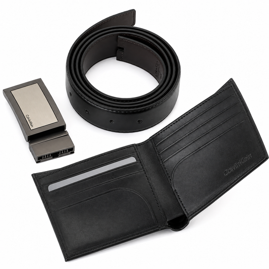 Calvin Klein Men’s Genuine Leather Wallet & Belt Gift Set – Black, CK Buckle