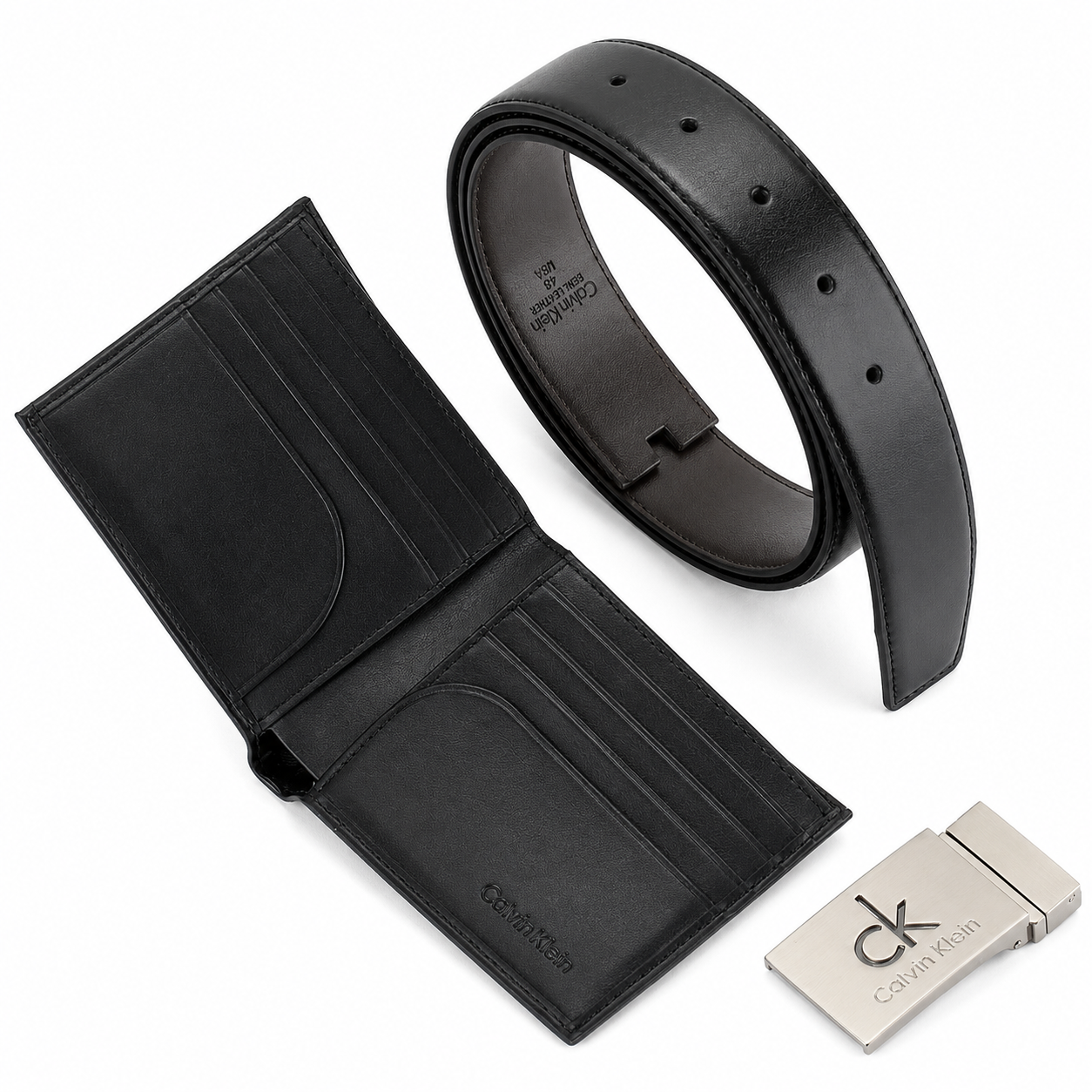 Calvin Klein Men’s Genuine Leather Wallet & Belt Gift Set – Black