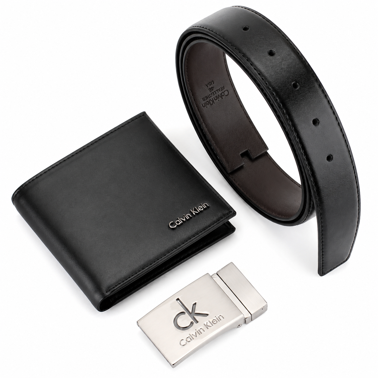 Calvin Klein Men’s Genuine Leather Wallet & Belt Gift Set – Black