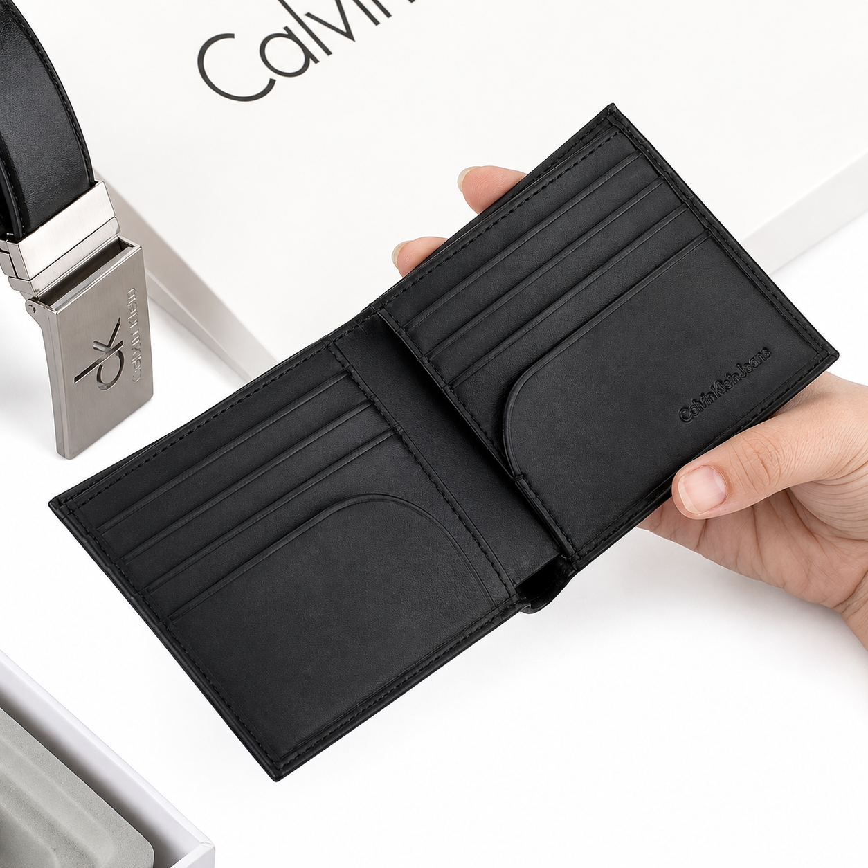 Calvin Klein Men’s Genuine Leather Wallet & Belt Gift Set – Black