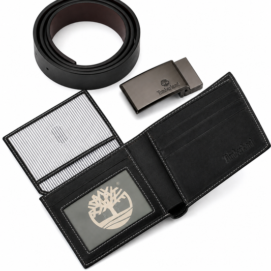 Timberland Men’s Genuine Leather Wallet & Belt Gift Set – Black
