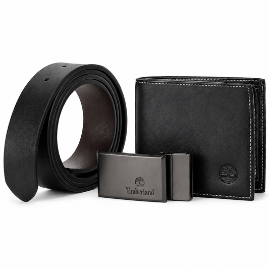 Timberland Men’s Genuine Leather Wallet & Belt Gift Set – Black