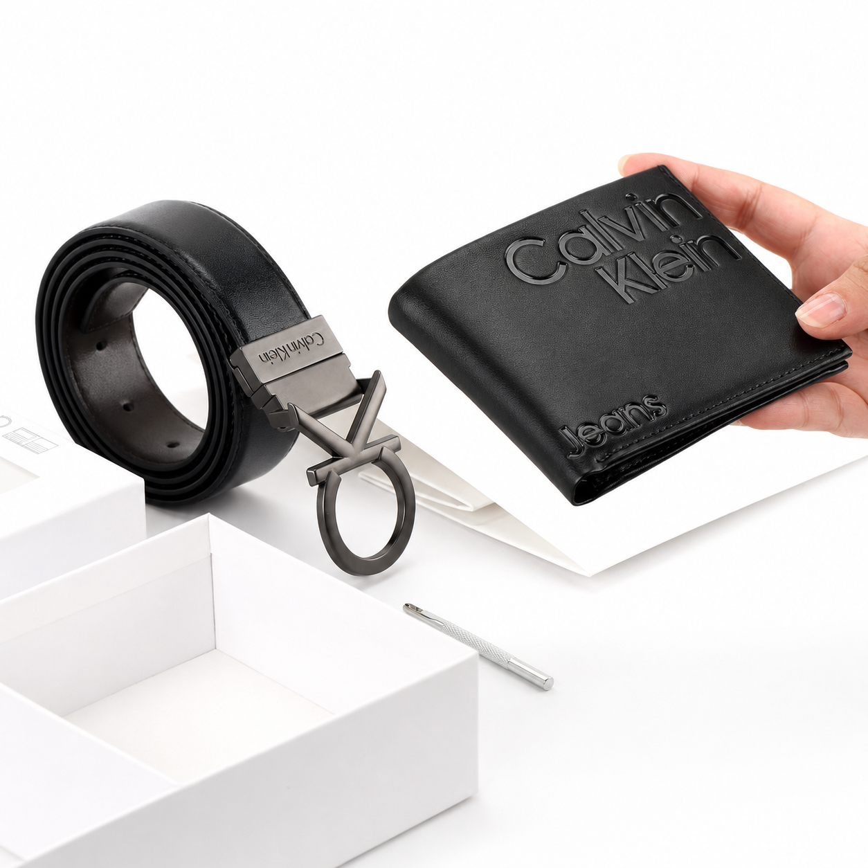 Calvin Klein Men’s Black Leather Wallet & Belt Gift Set – CK Buckle