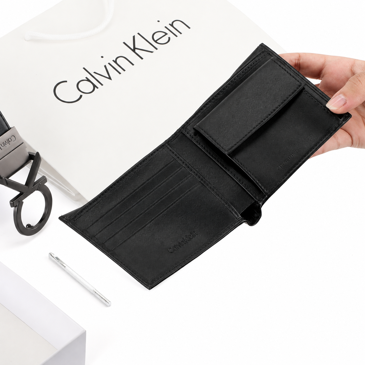 Calvin Klein Men’s Black Leather Wallet & Belt Gift Set – CK Buckle