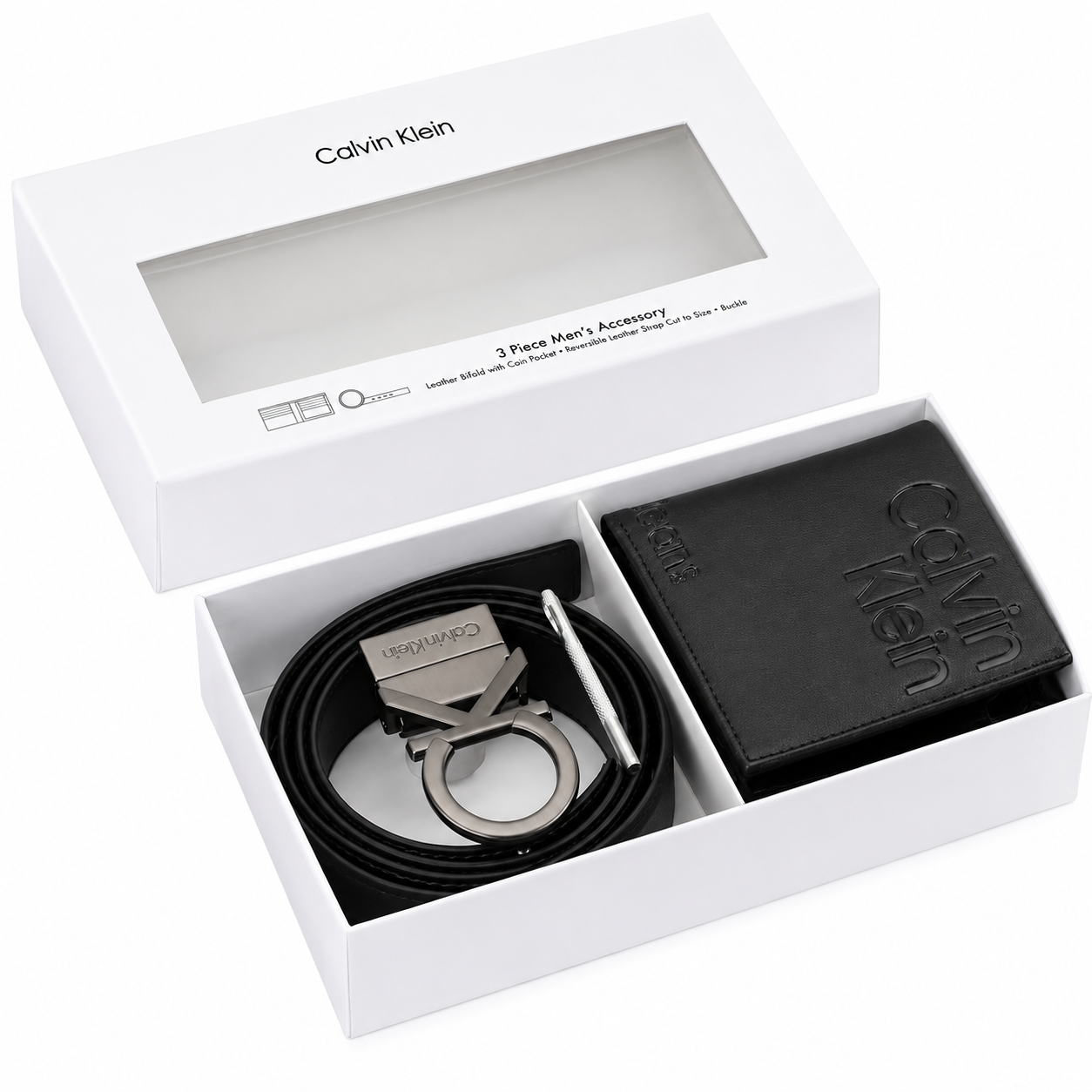 Calvin Klein Men’s Black Leather Wallet & Belt Gift Set – CK Buckle
