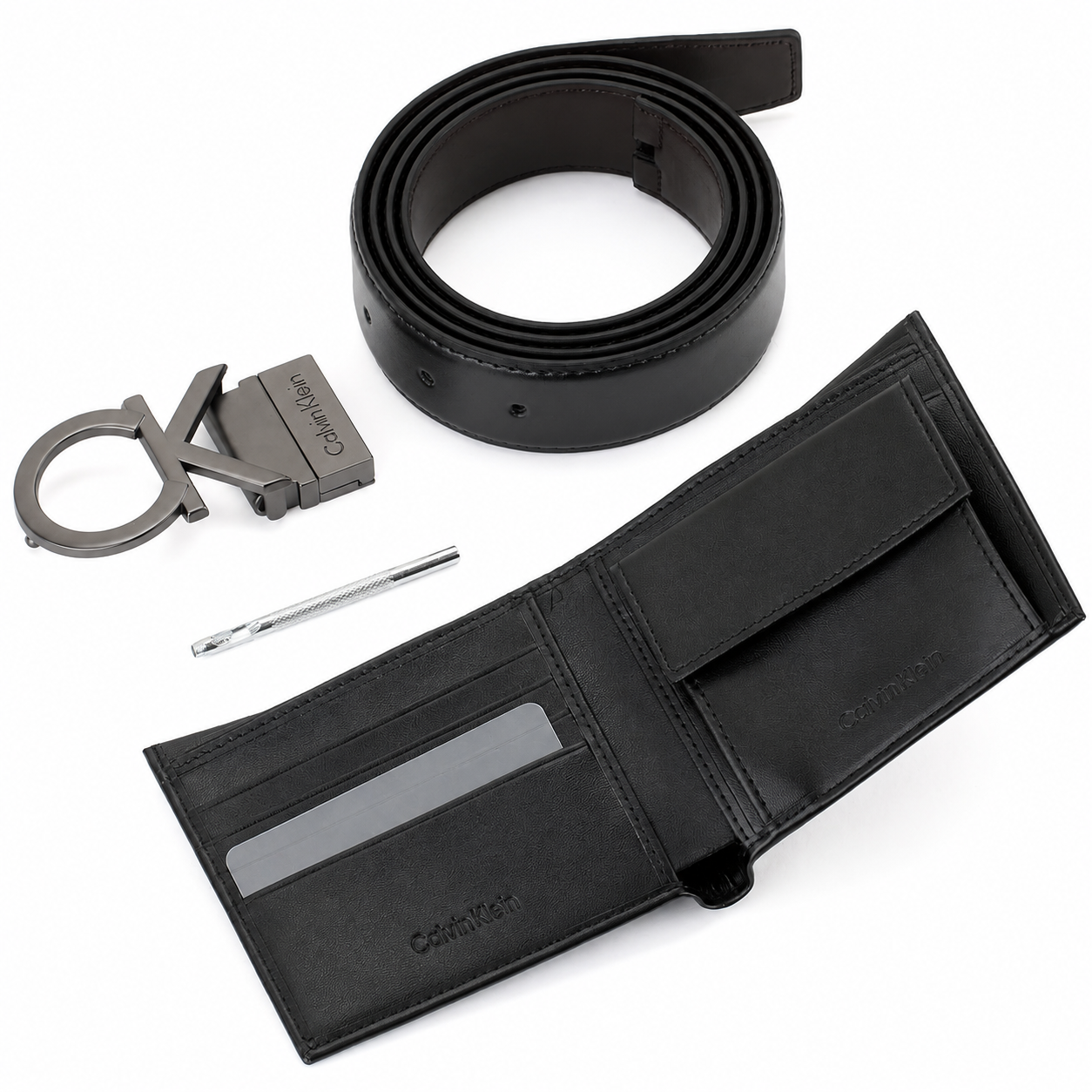 Calvin Klein Men’s Black Leather Wallet & Belt Gift Set – CK Buckle