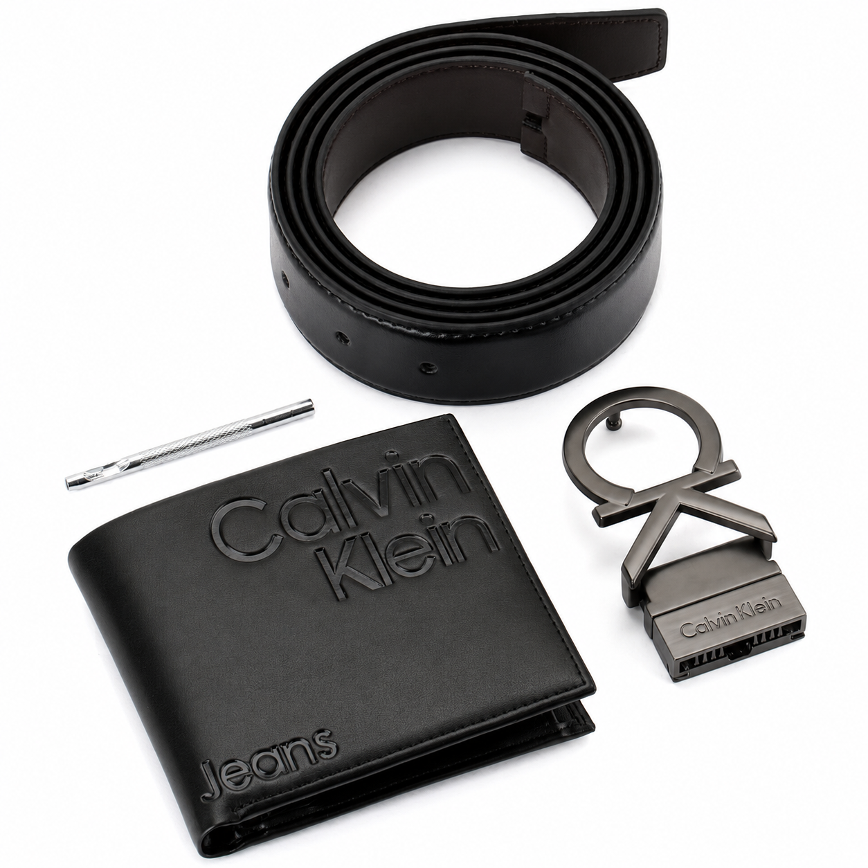 Calvin Klein Men’s Black Leather Wallet & Belt Gift Set – CK Buckle