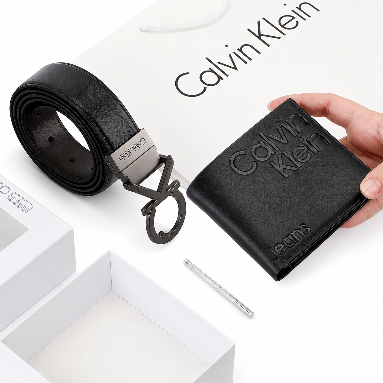 Calvin Klein Men’s Black Leather Wallet & Belt Gift Set – CK Buckle