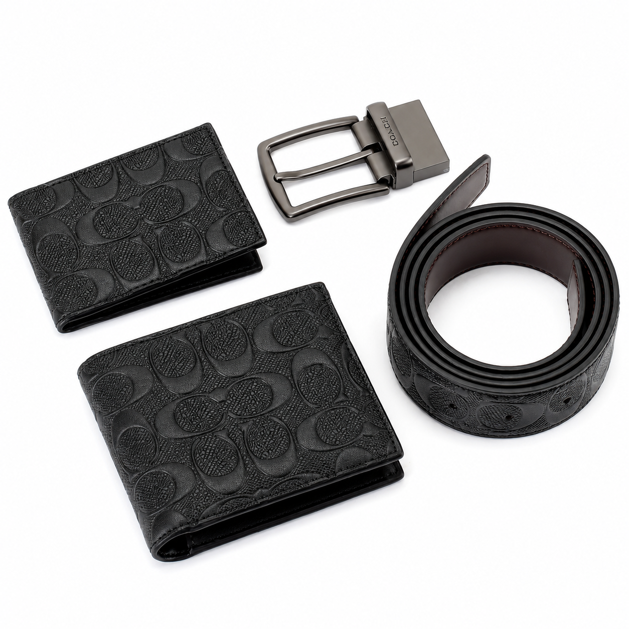 Coach Men’s Genuine Leather Wallet, Card Holder & Belt Gift Set – Black