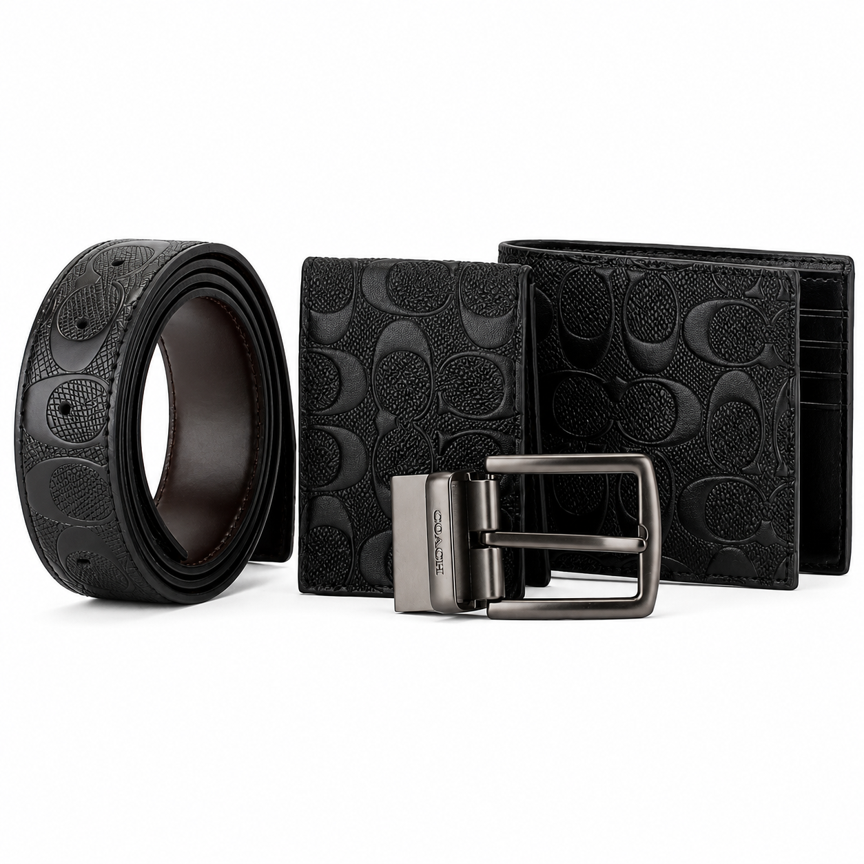 Coach Men’s Genuine Leather Wallet, Card Holder & Belt Gift Set – Black