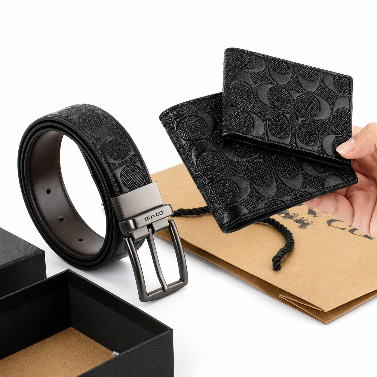 Coach Men’s Genuine Leather Wallet, Card Holder & Belt Gift Set – Black