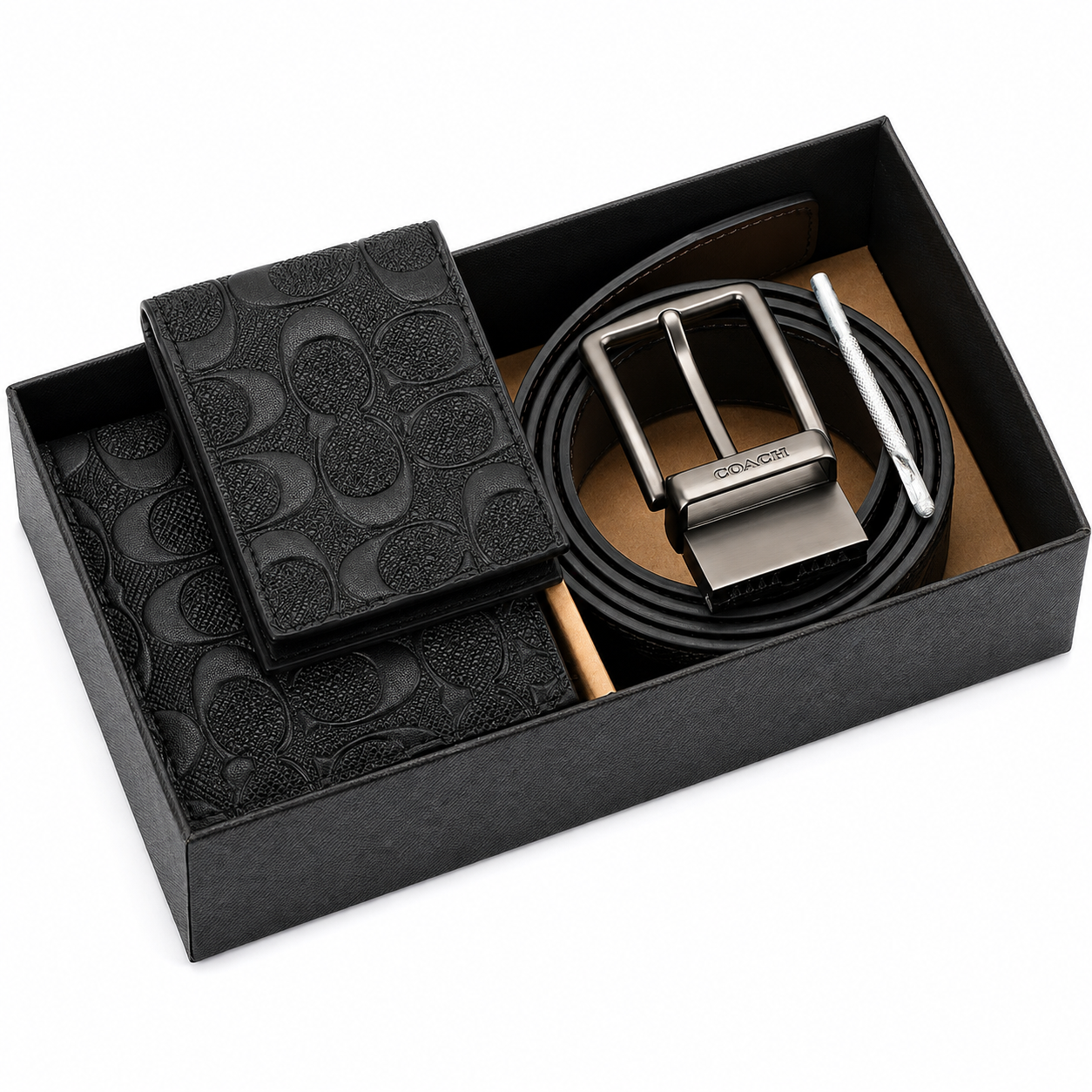 Coach Men’s Genuine Leather Wallet, Card Holder & Belt Gift Set – Black