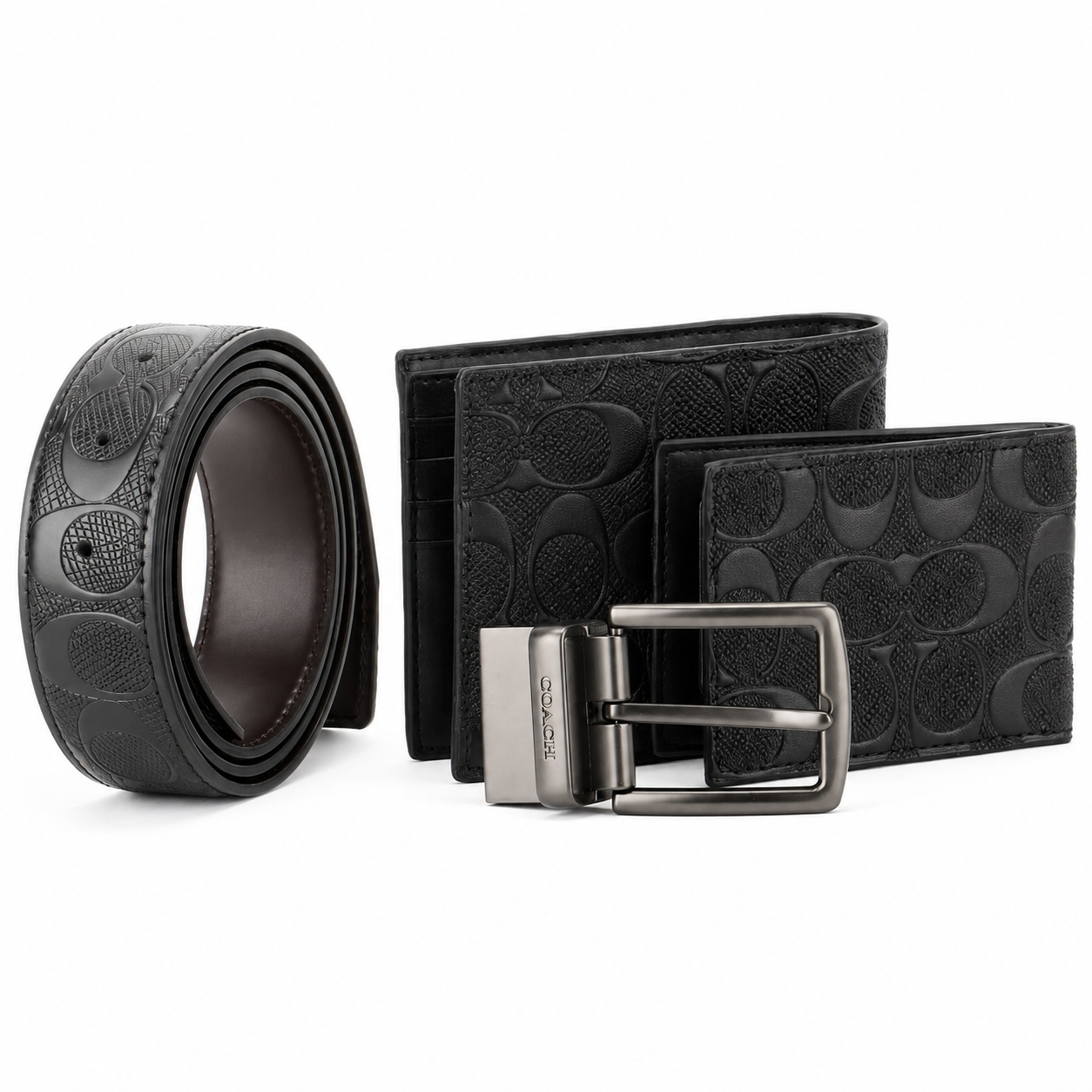 Coach Men’s Genuine Leather Wallet, Card Holder & Belt Gift Set – Black