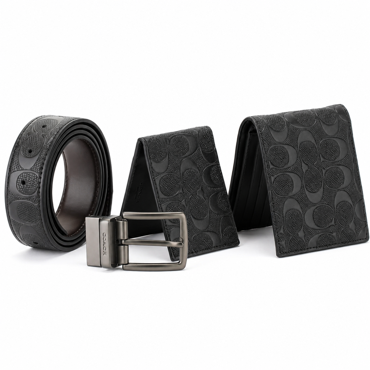Coach Men’s Genuine Leather Wallet, Card Holder & Belt Gift Set – Black
