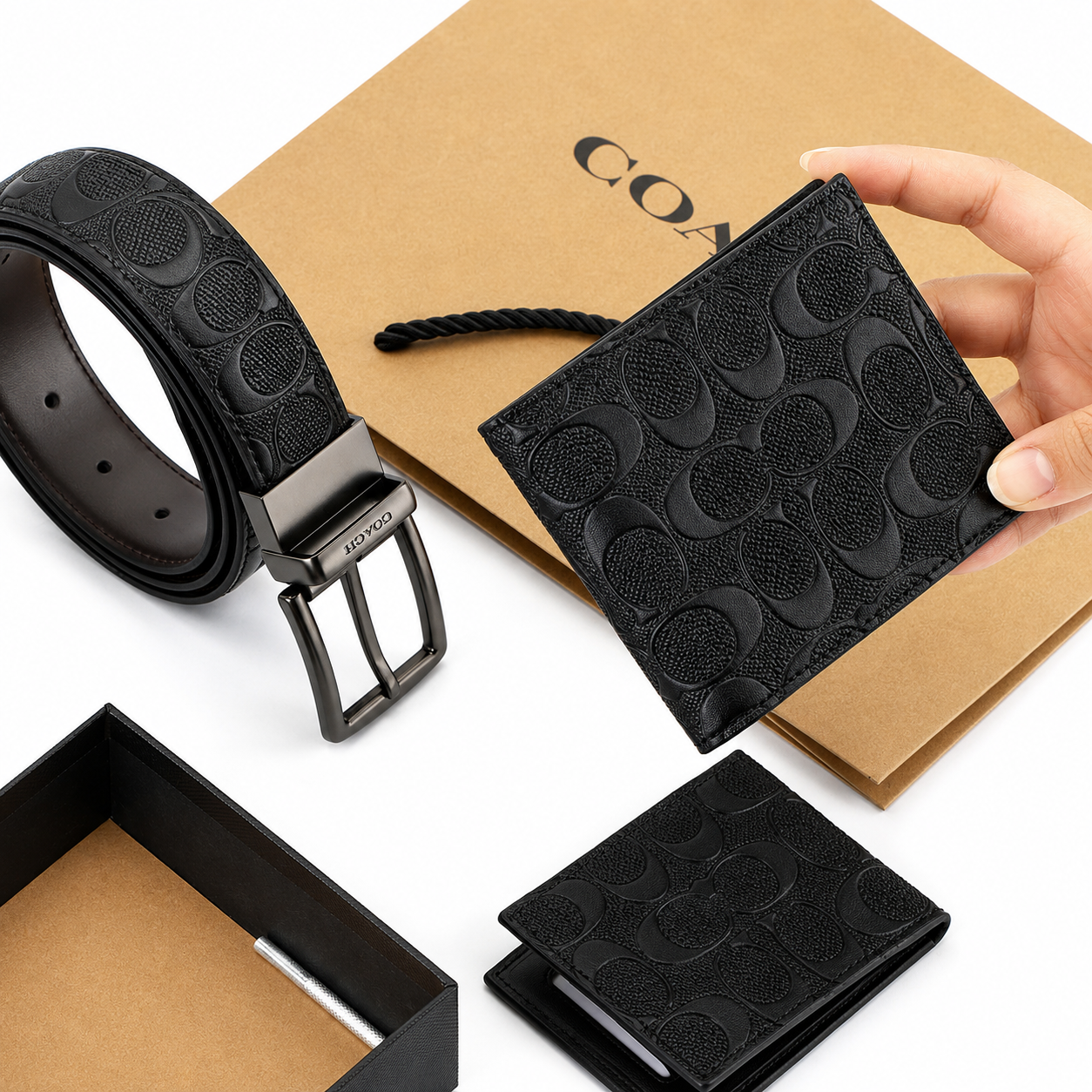 Coach Men’s Genuine Leather Wallet, Card Holder & Belt Gift Set – Black