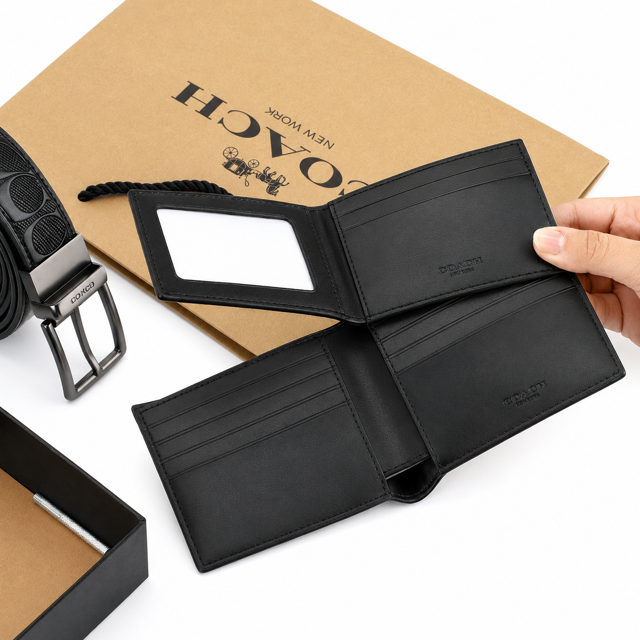 Coach Men’s Genuine Leather Wallet, Card Holder & Belt Gift Set – Black